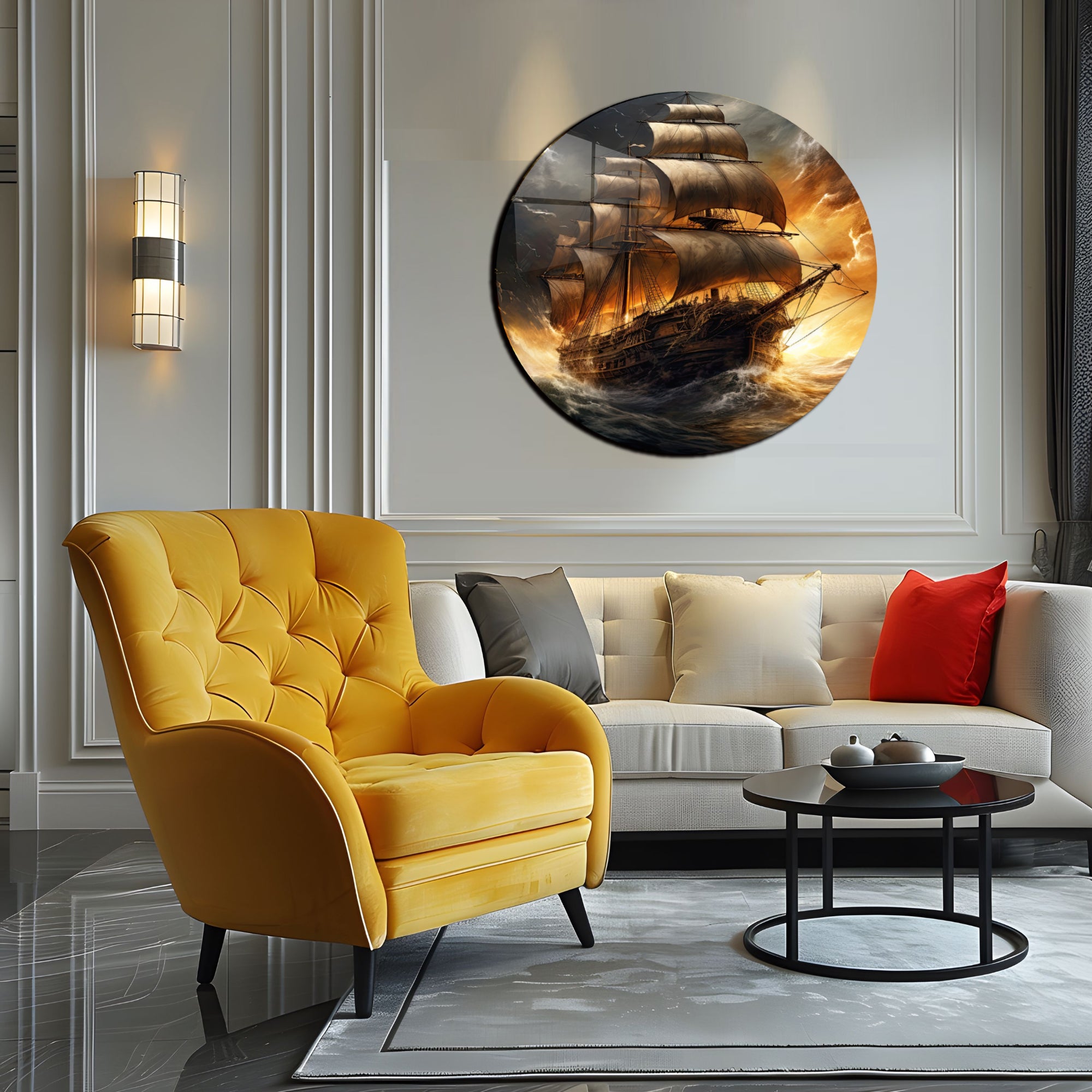 Temperli Cam Duvar Tablo Yelkenli Gemi 70x70 cm