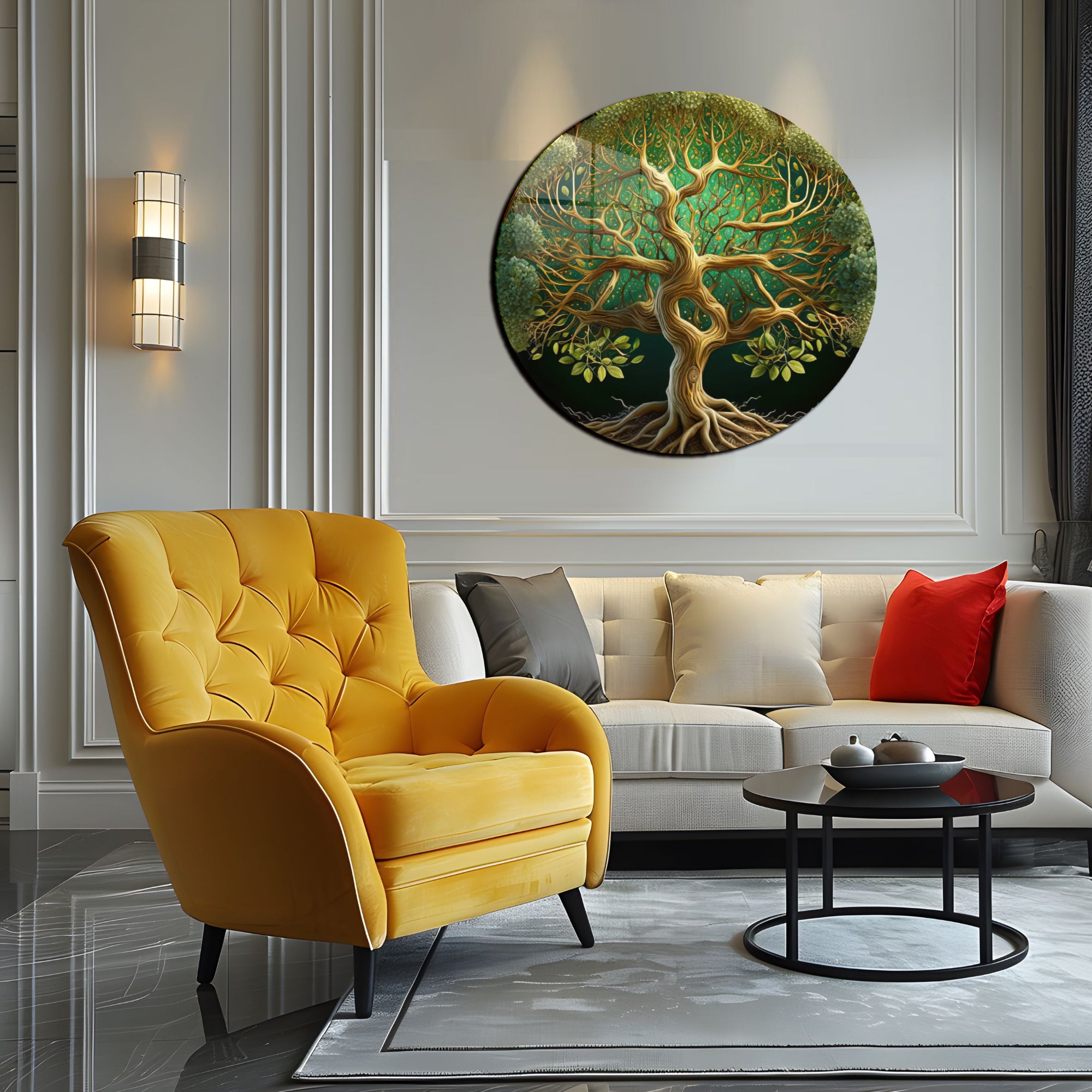 Temperli Cam Duvar Tablo Hayat Ağacı  70x70 cm Altın Yeşil