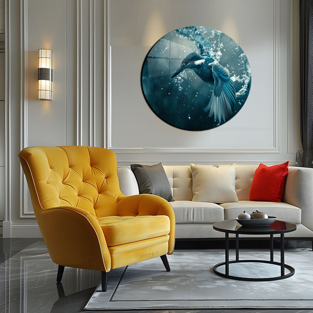 Temperli Cam Duvar Tablo Balıkcıl Kuş  70x70 cm