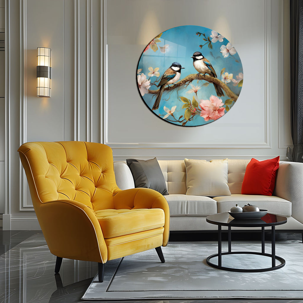 Temperli Cam Duvar Tablo Renkli Kuşlar 70x70 cm