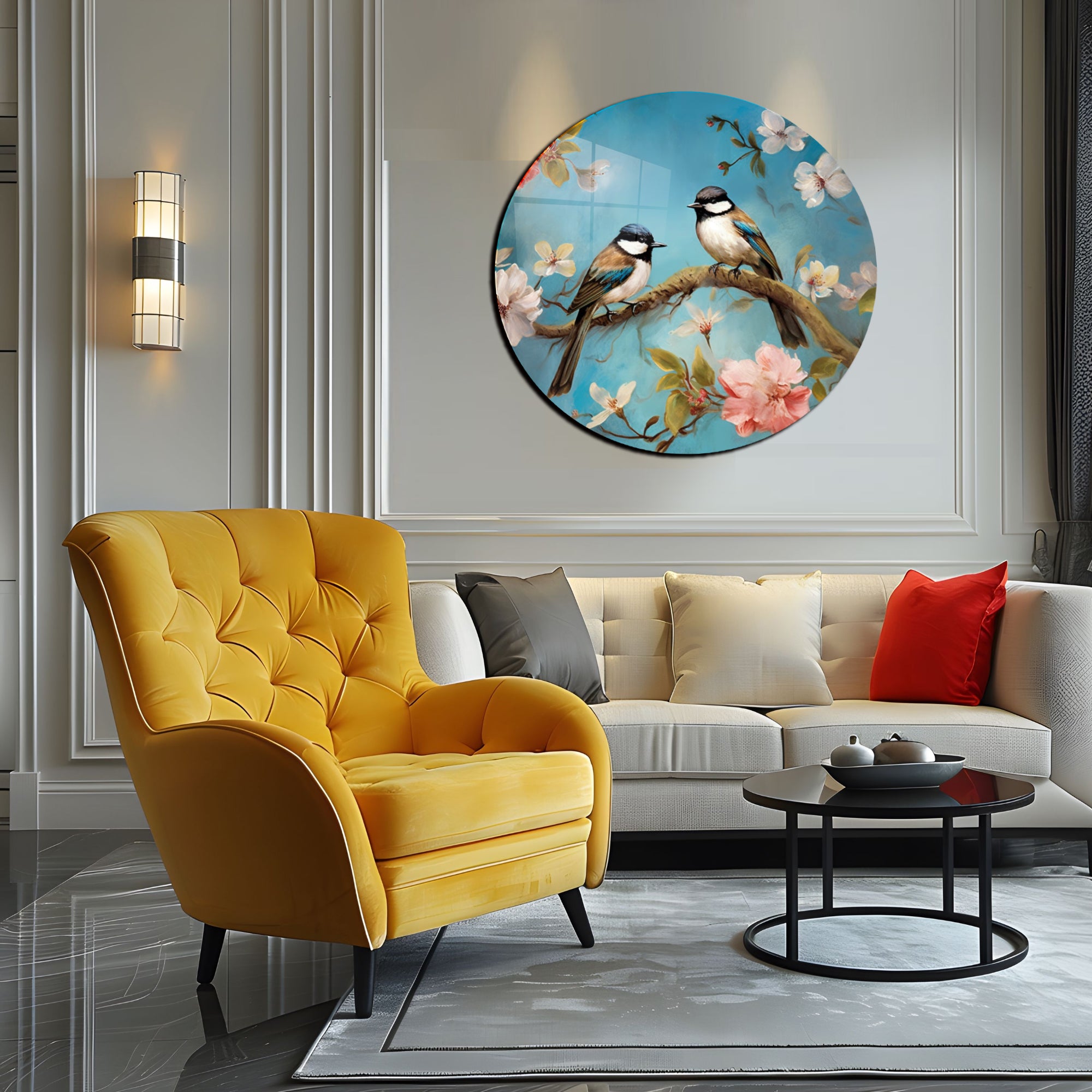 Temperli Cam Duvar Tablo Renkli Kuşlar 70x70 cm