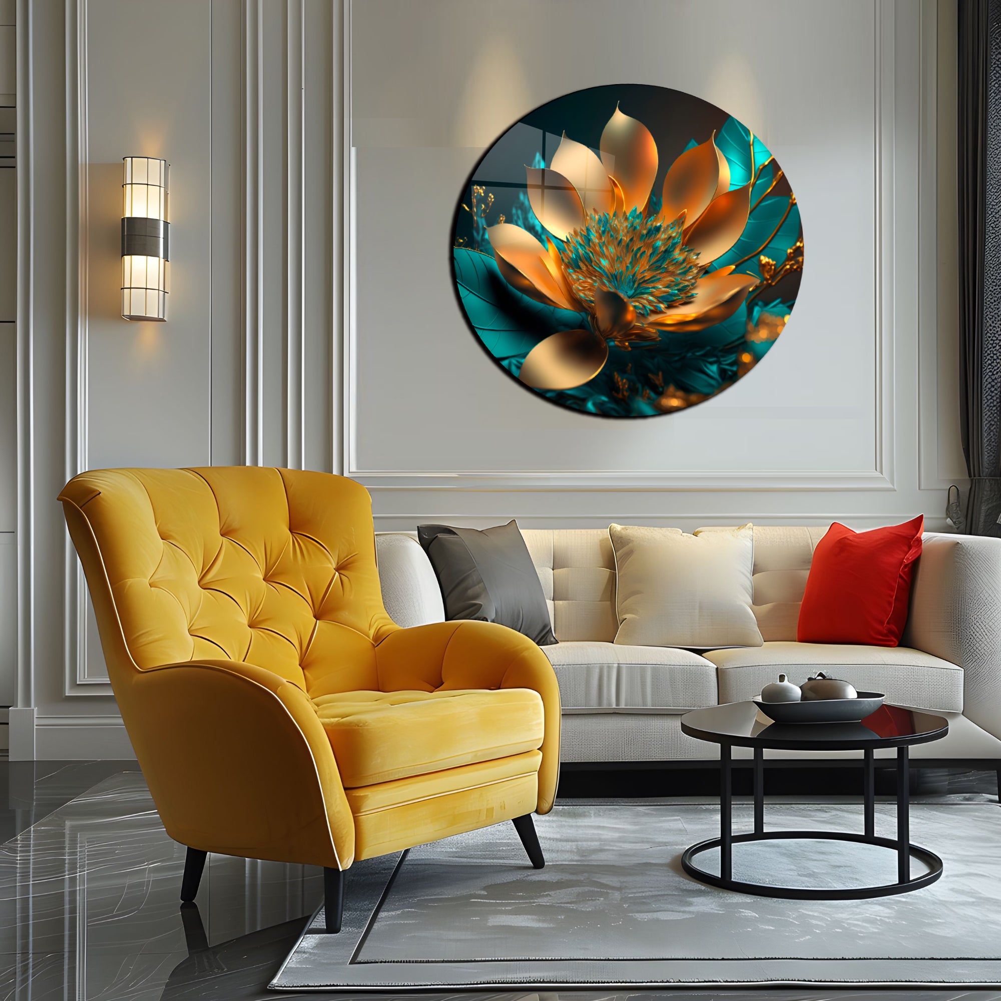 Temperli Cam Duvar Tablo Renkli Altın Lotus  70x70 cm Soyut