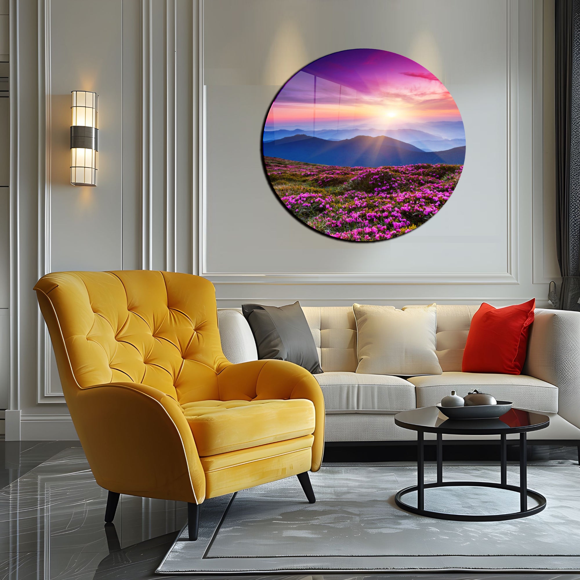 Temperli Cam Duvar Tablo Renkli Dağlar 70x70 cm Manzara