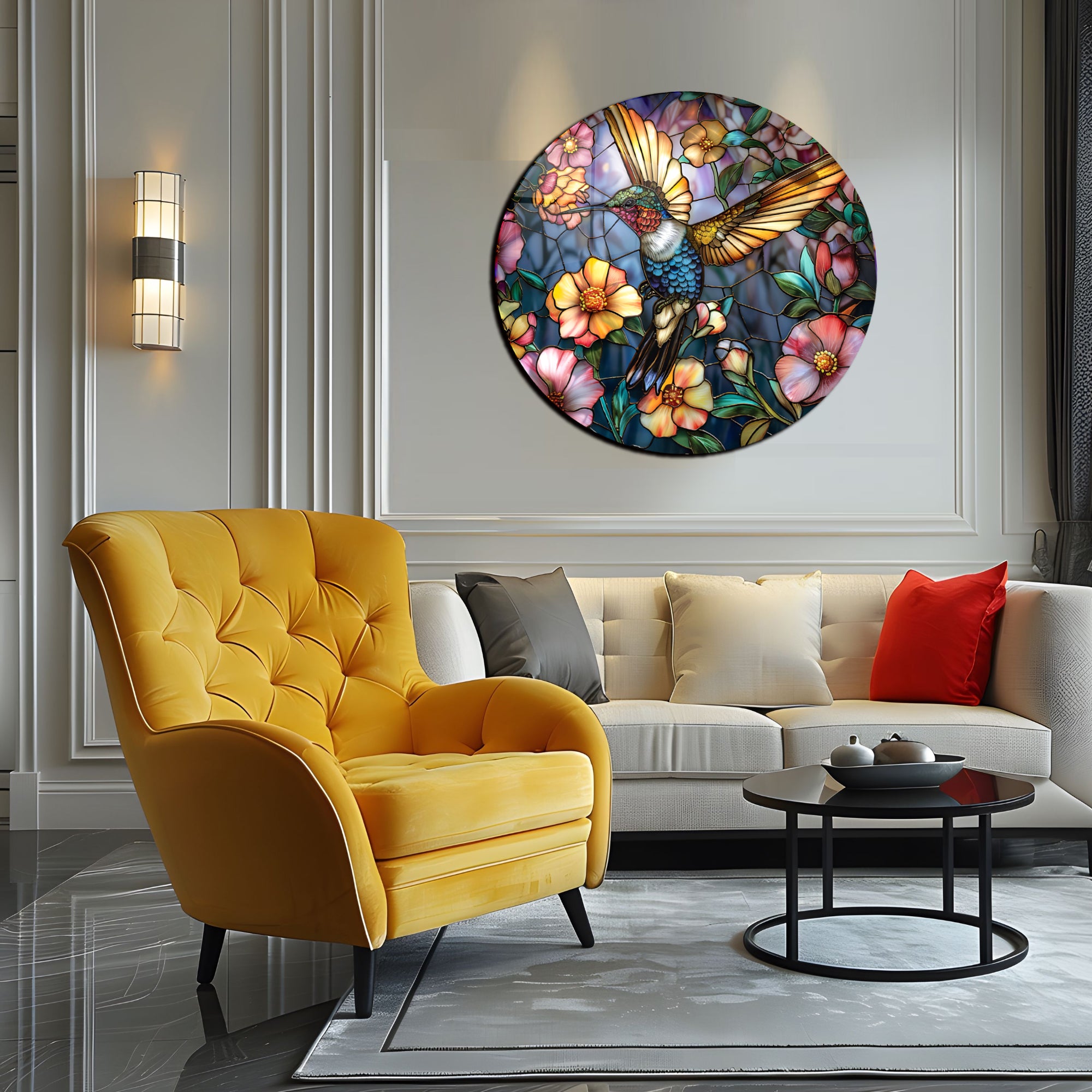 Temperli Cam Duvar Tablo Renkli Arıkuşu  70x70 cm Vitray Desenli