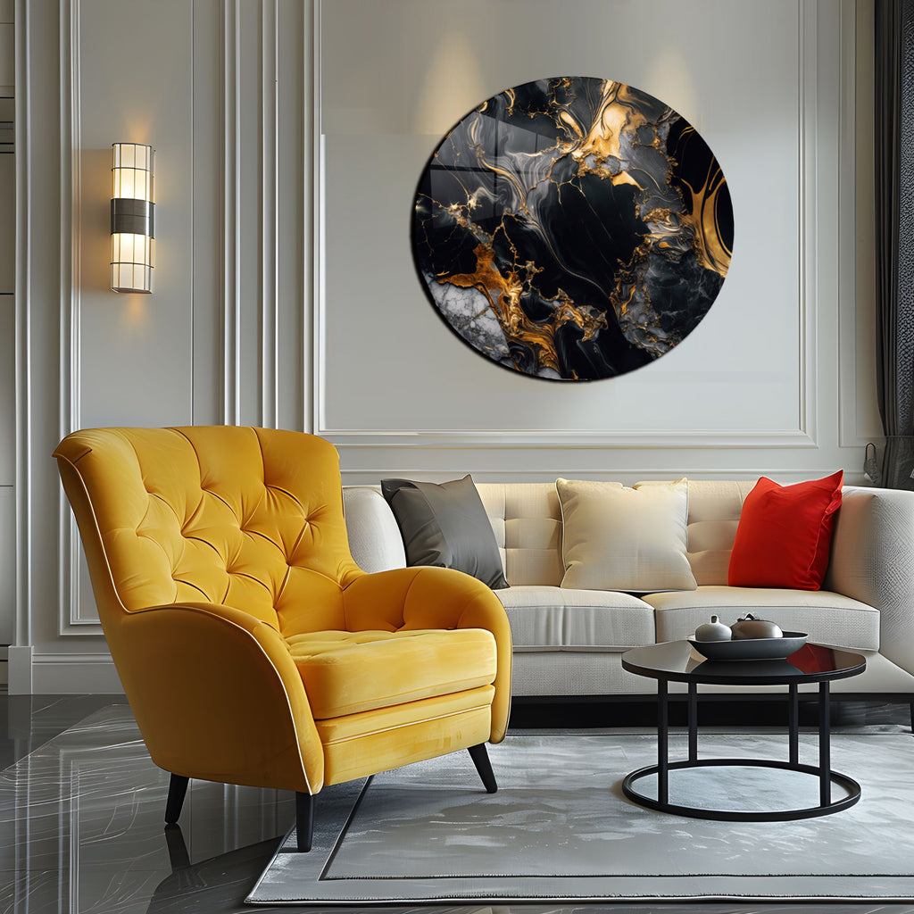 Temperli Cam Duvar Tablo Siyah Altın Mermer  70x70 cm