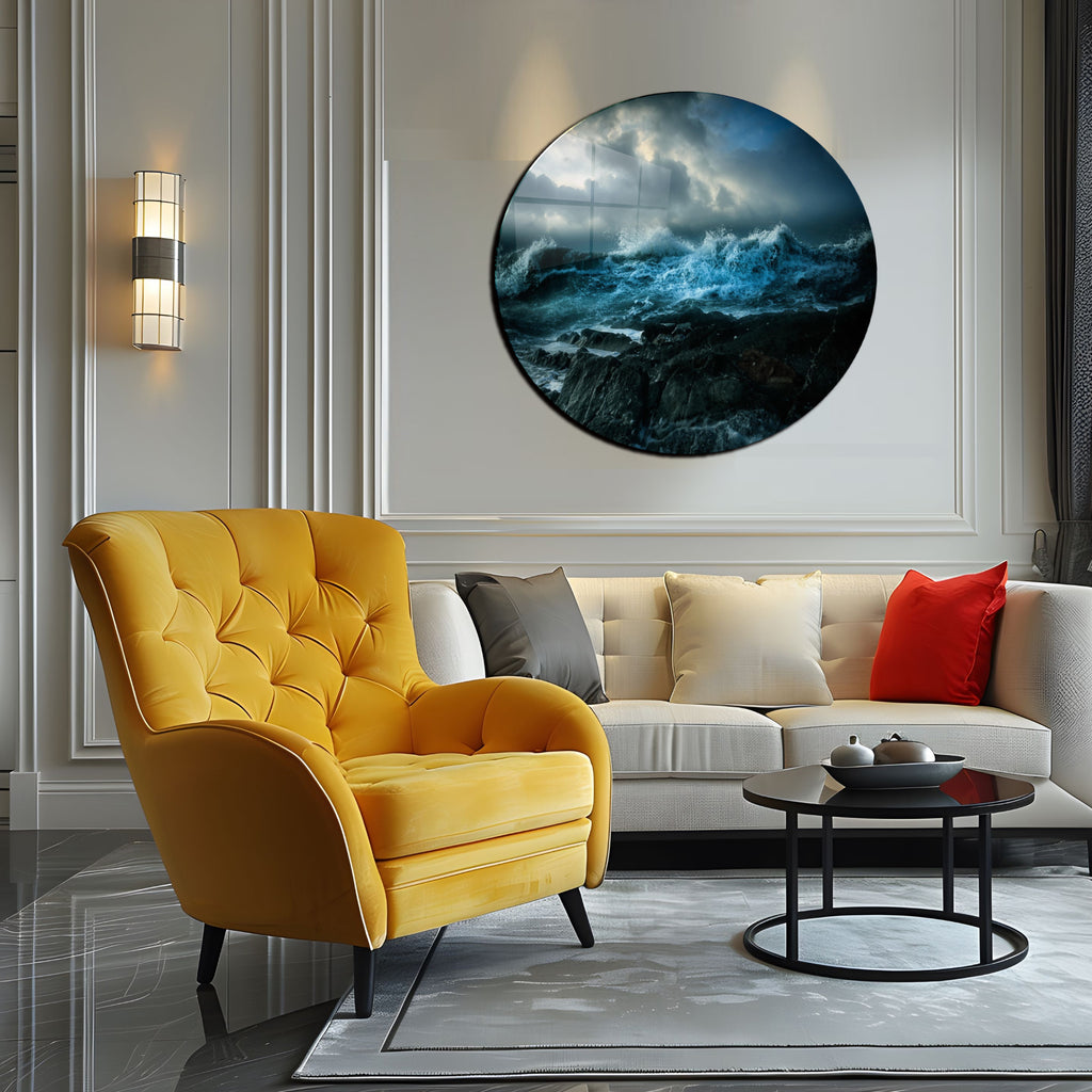 Temperli Cam Duvar Tablo Okyanus Dalgaları  70x70 cm