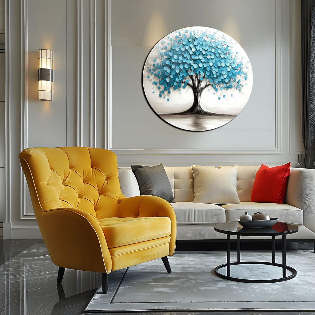 Temperli Cam Duvar Tablo Hayat Ağacı  70x70 cm (Mavi Yapraklı)