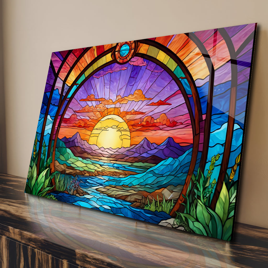 Günbatı Temalı Vitray Görünümlü Temperli Cam Tablo – Renkli Doğa Duvar Dekoru