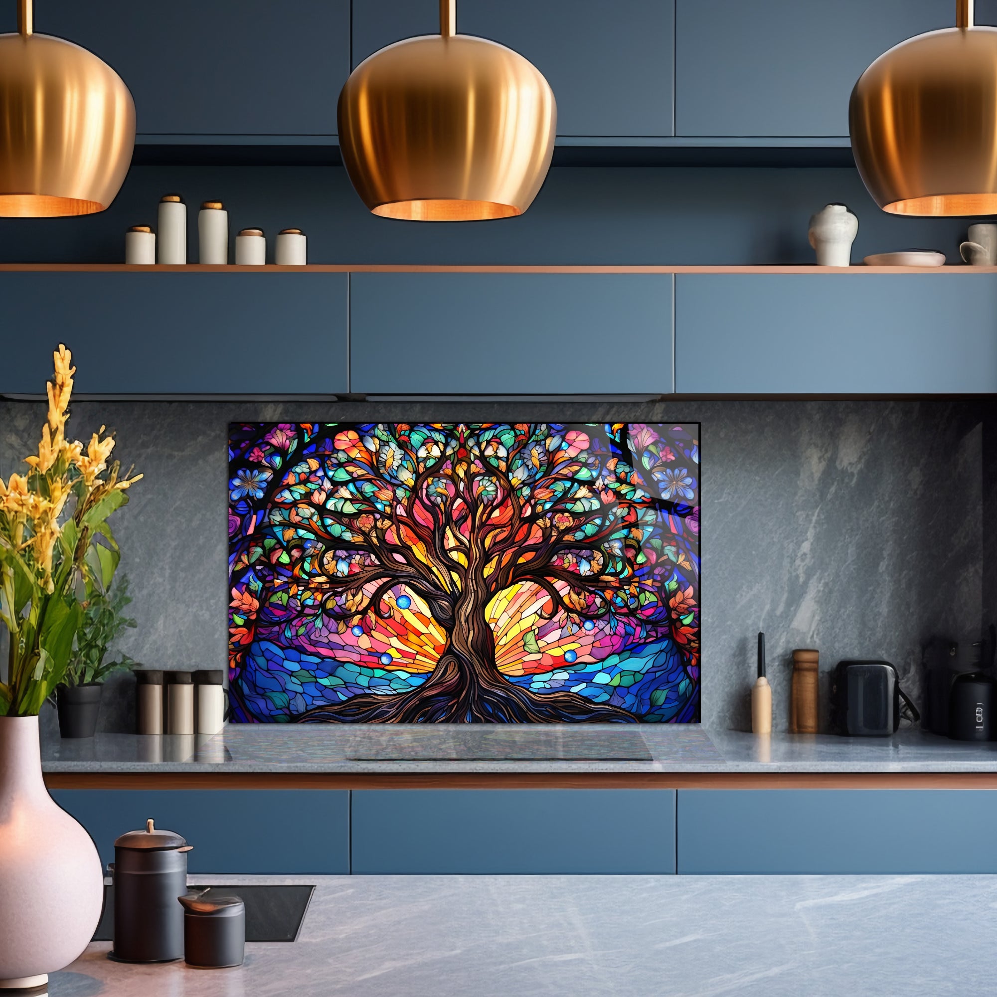 Renkli Ocak Arkası Temperli Cam Panel – Modern Mutfak Backsplash Dekoru