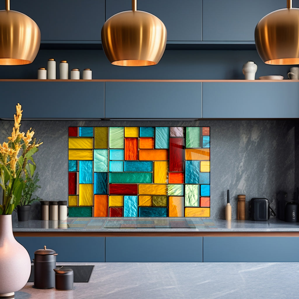 Renkli Vitray Desenli Ocak Arkası Temperli Cam Panel – Modern Mutfak Backsplash Dekoru