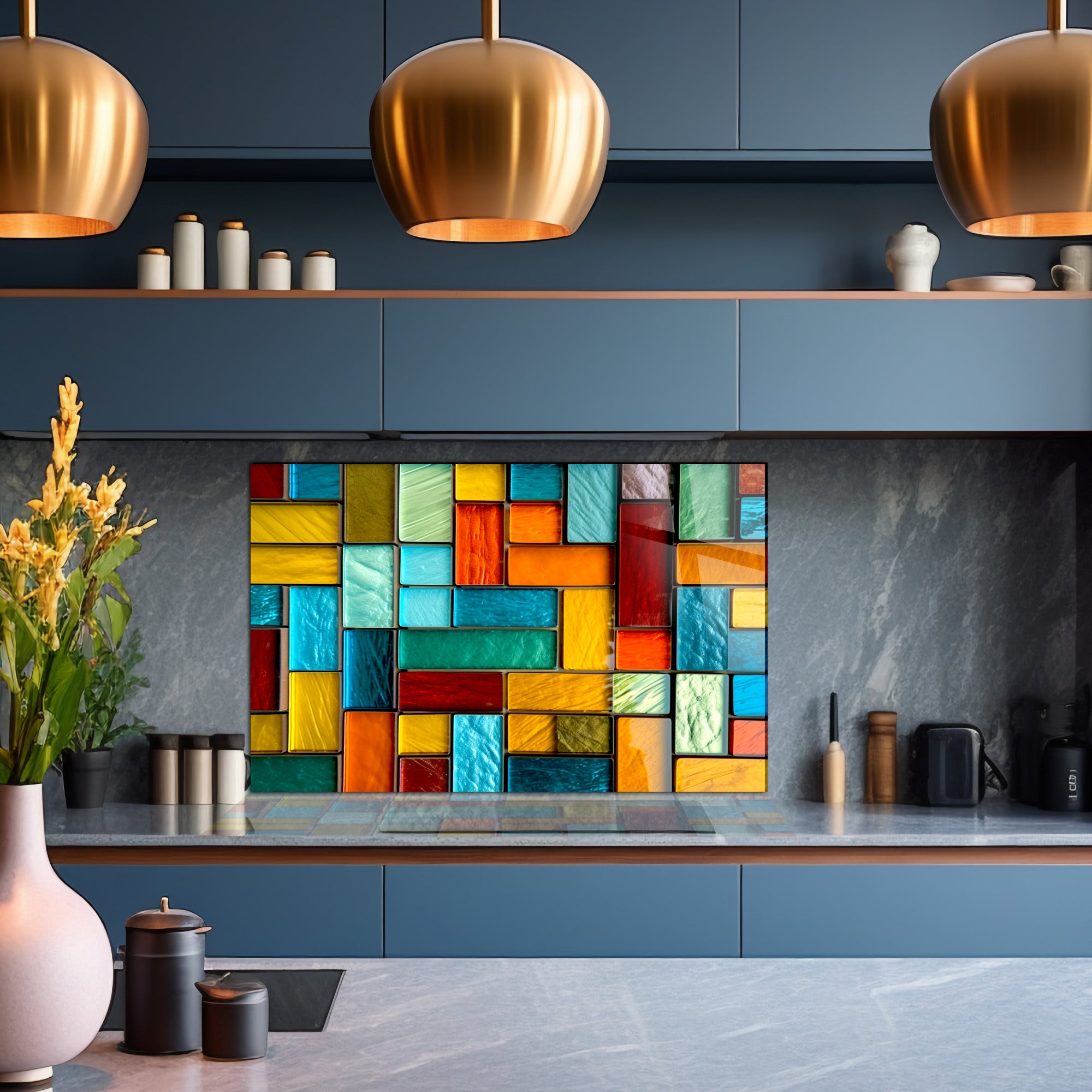 Renkli Vitray Desenli Ocak Arkası Temperli Cam Panel – Modern Mutfak Backsplash Dekoru