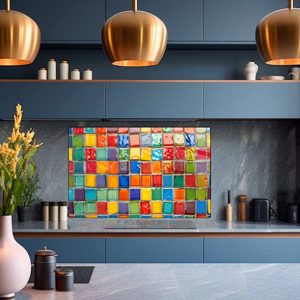 Renkli Ocak Arkası Temperli Cam Panel – Modern Mutfak Backsplash Dekoru
