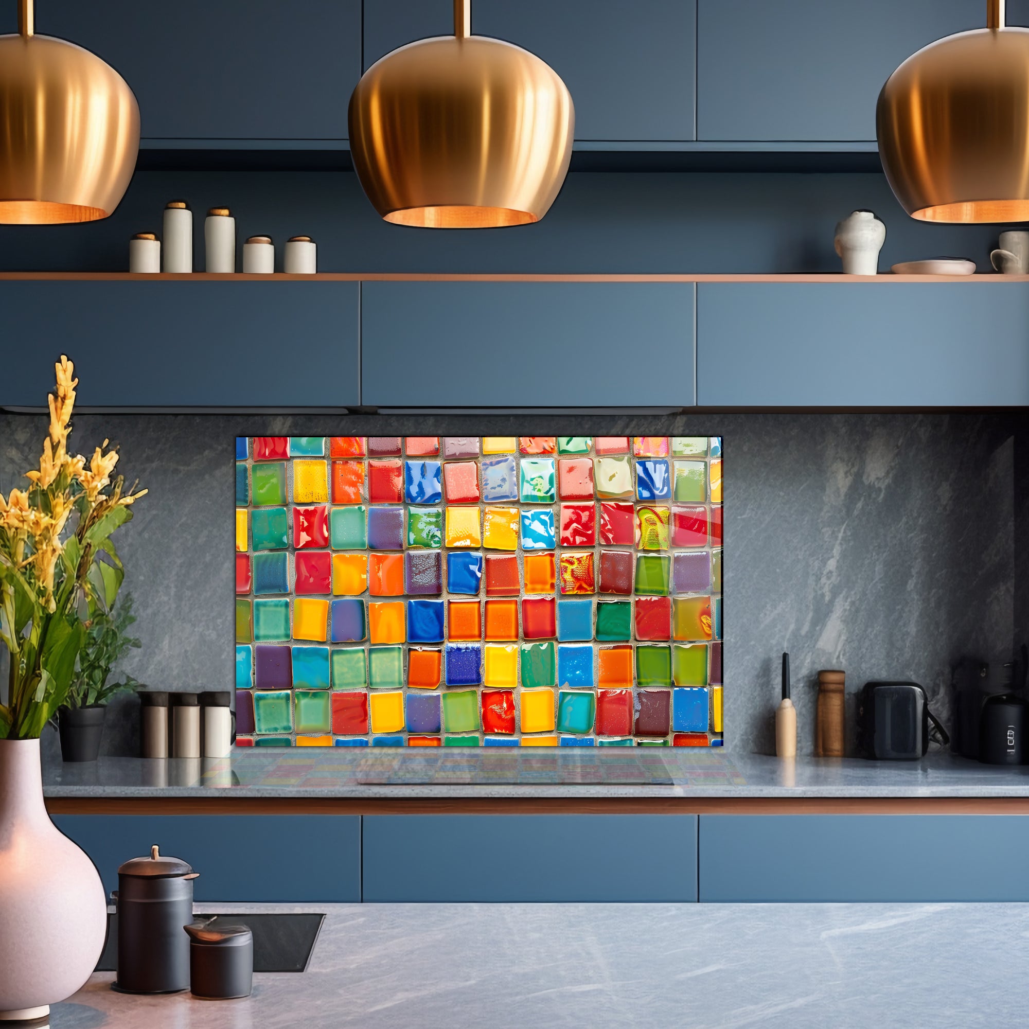 Renkli Ocak Arkası Temperli Cam Panel – Modern Mutfak Backsplash Dekoru