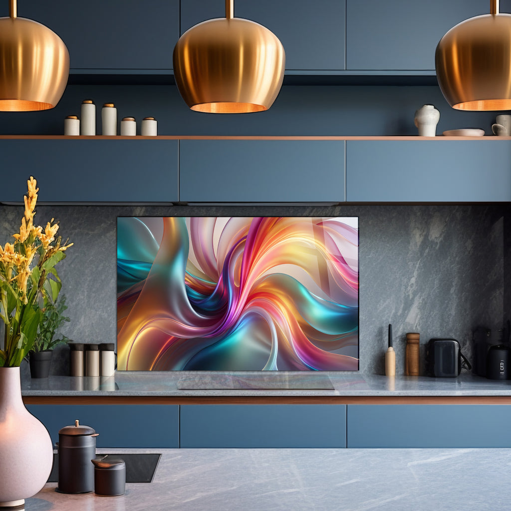 Renkli Ocak Arkası Temperli Cam Panel – Modern Mutfak Backsplash Dekoru