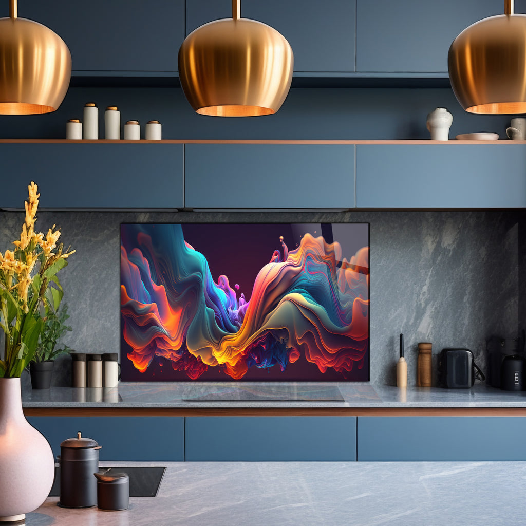 Renkli Ocak Arkası Temperli Cam Panel – Modern Mutfak Backsplash Dekoru