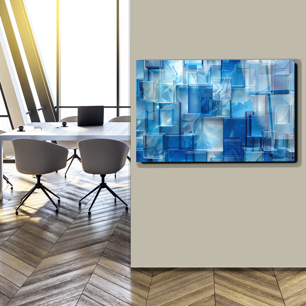 Kare Mavi Camlar Temalı Vitray Görünümlü Temperli Cam Tablo – Renkli Doğa Duvar Dekoru