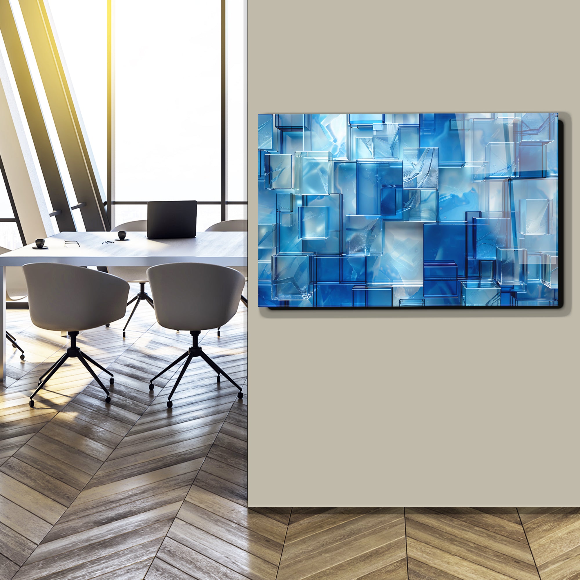 Kare Mavi Camlar Temalı Vitray Görünümlü Temperli Cam Tablo – Renkli Doğa Duvar Dekoru