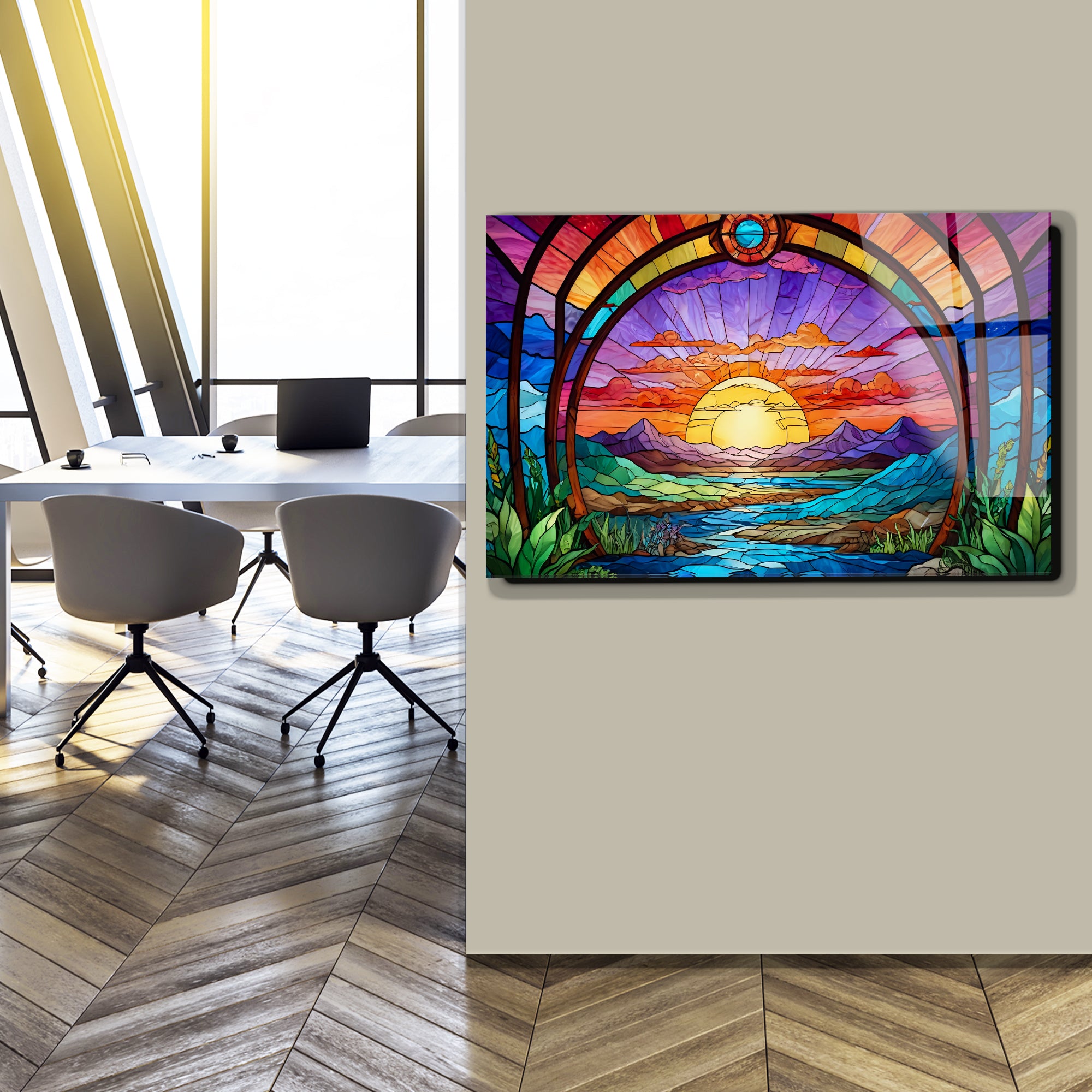 Günbatı Temalı Vitray Görünümlü Temperli Cam Tablo – Renkli Doğa Duvar Dekoru