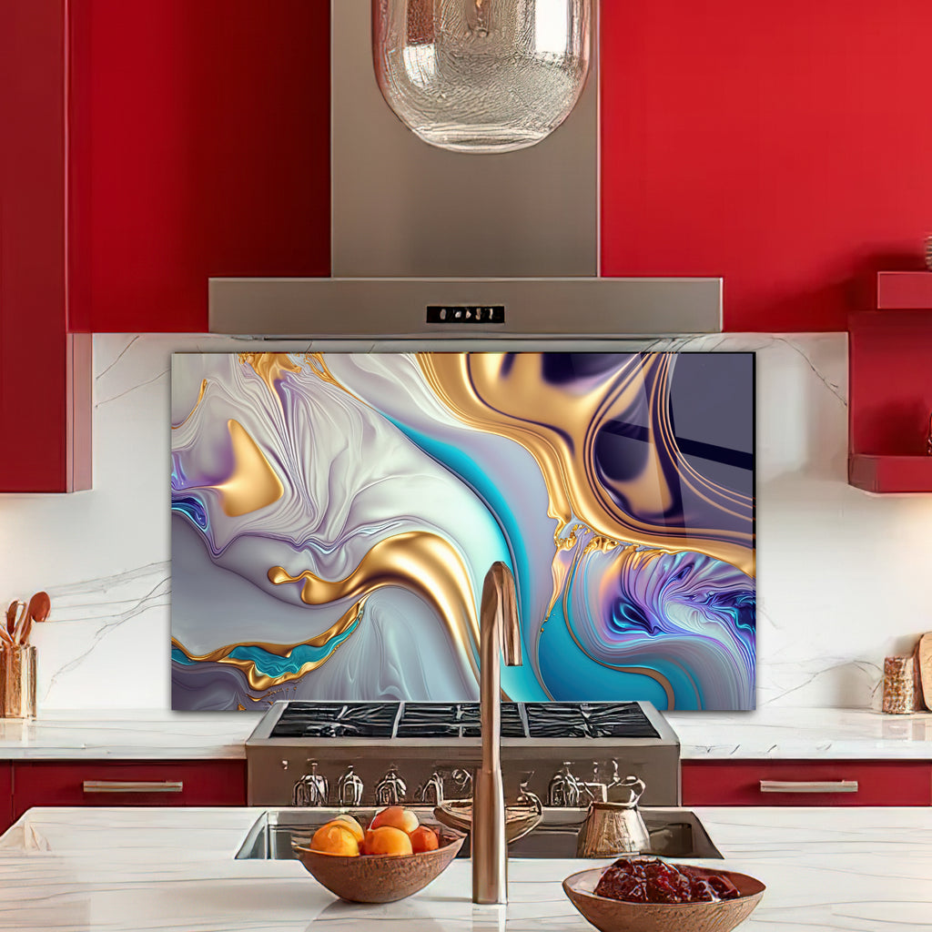 Renkli Ocak Arkası Temperli Cam Panel – Modern Mutfak Backsplash Dekoru