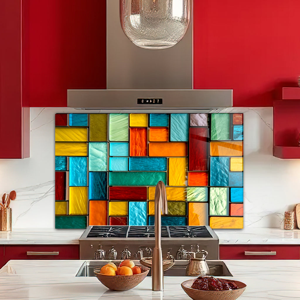 Renkli Vitray Desenli Ocak Arkası Temperli Cam Panel – Modern Mutfak Backsplash Dekoru