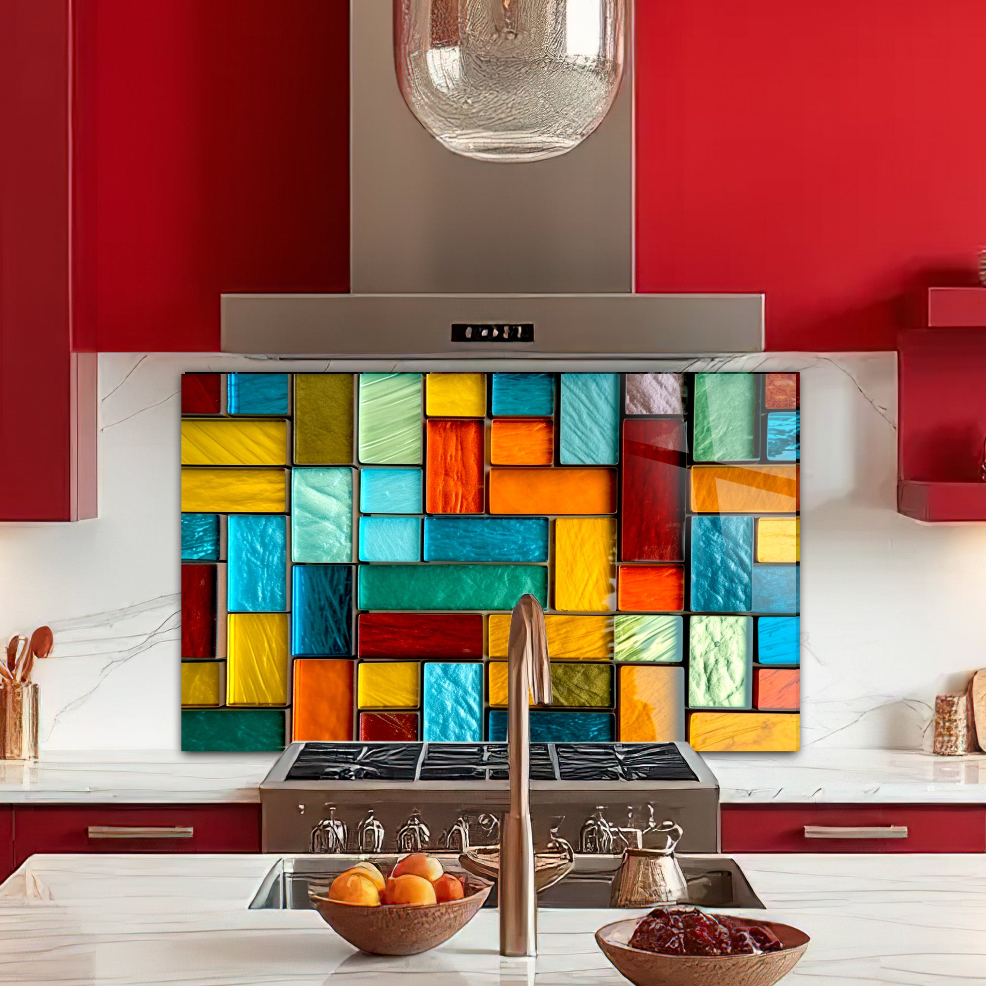 Renkli Vitray Desenli Ocak Arkası Temperli Cam Panel – Modern Mutfak Backsplash Dekoru