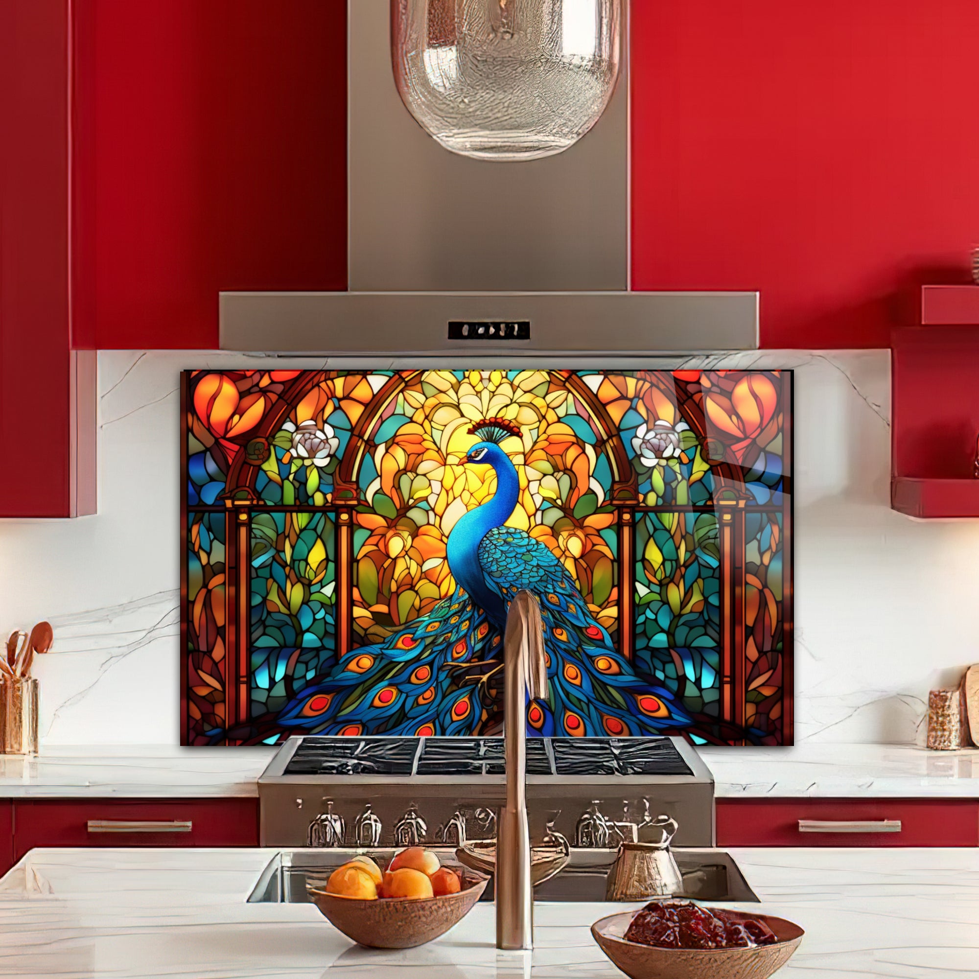 Renkli Ocak Arkası Temperli Cam Panel – Modern Mutfak Backsplash Dekoru