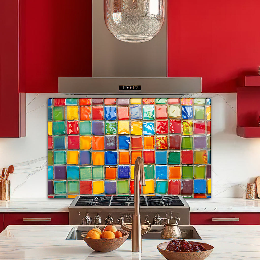 Renkli Ocak Arkası Temperli Cam Panel – Modern Mutfak Backsplash Dekoru
