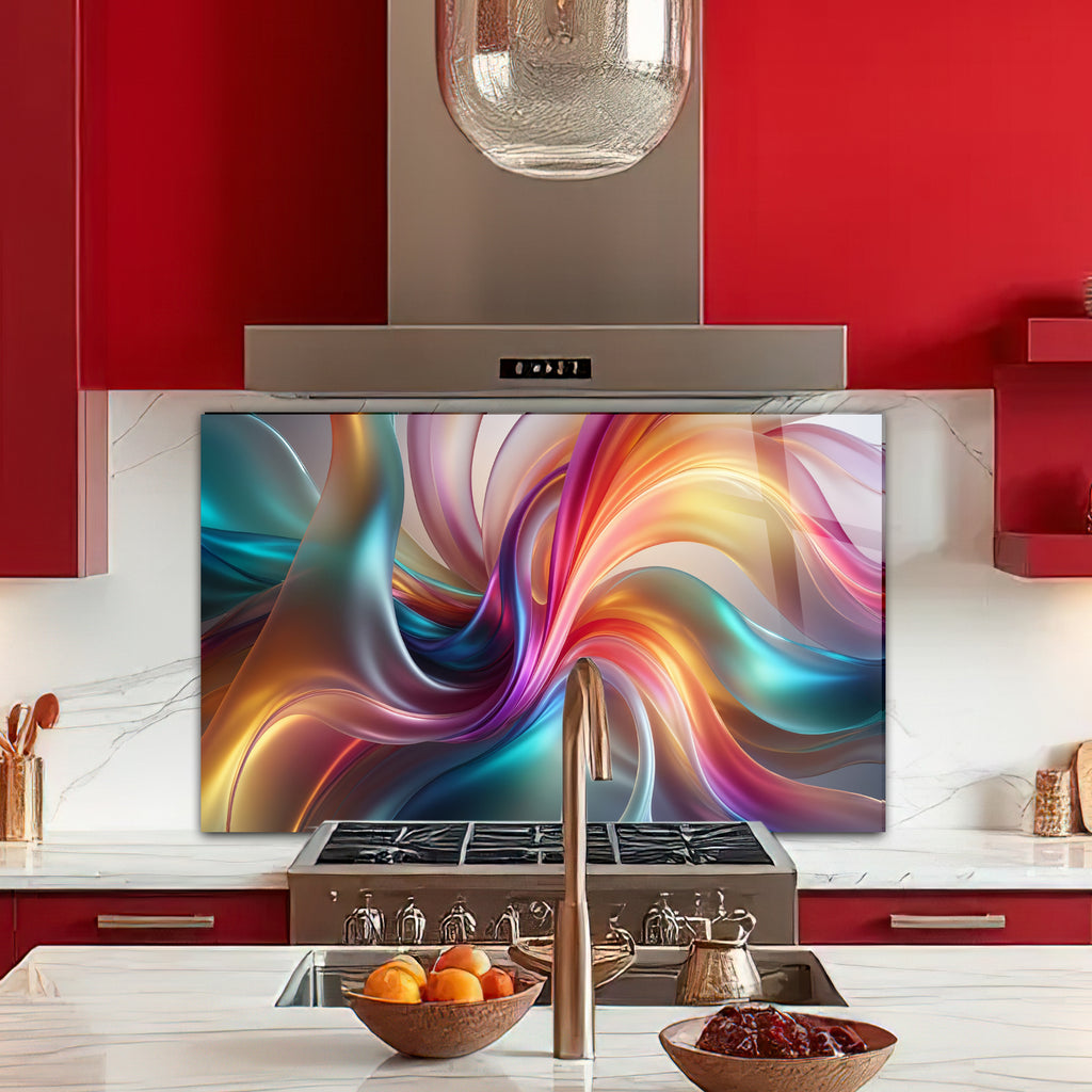 Renkli Ocak Arkası Temperli Cam Panel – Modern Mutfak Backsplash Dekoru