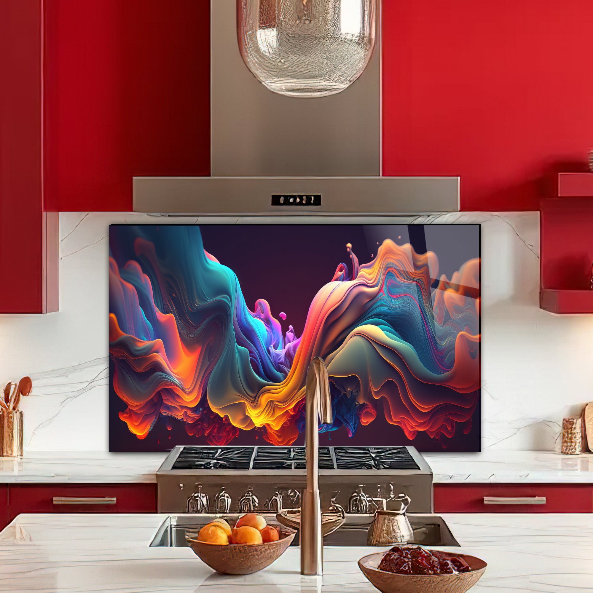 Renkli Ocak Arkası Temperli Cam Panel – Modern Mutfak Backsplash Dekoru