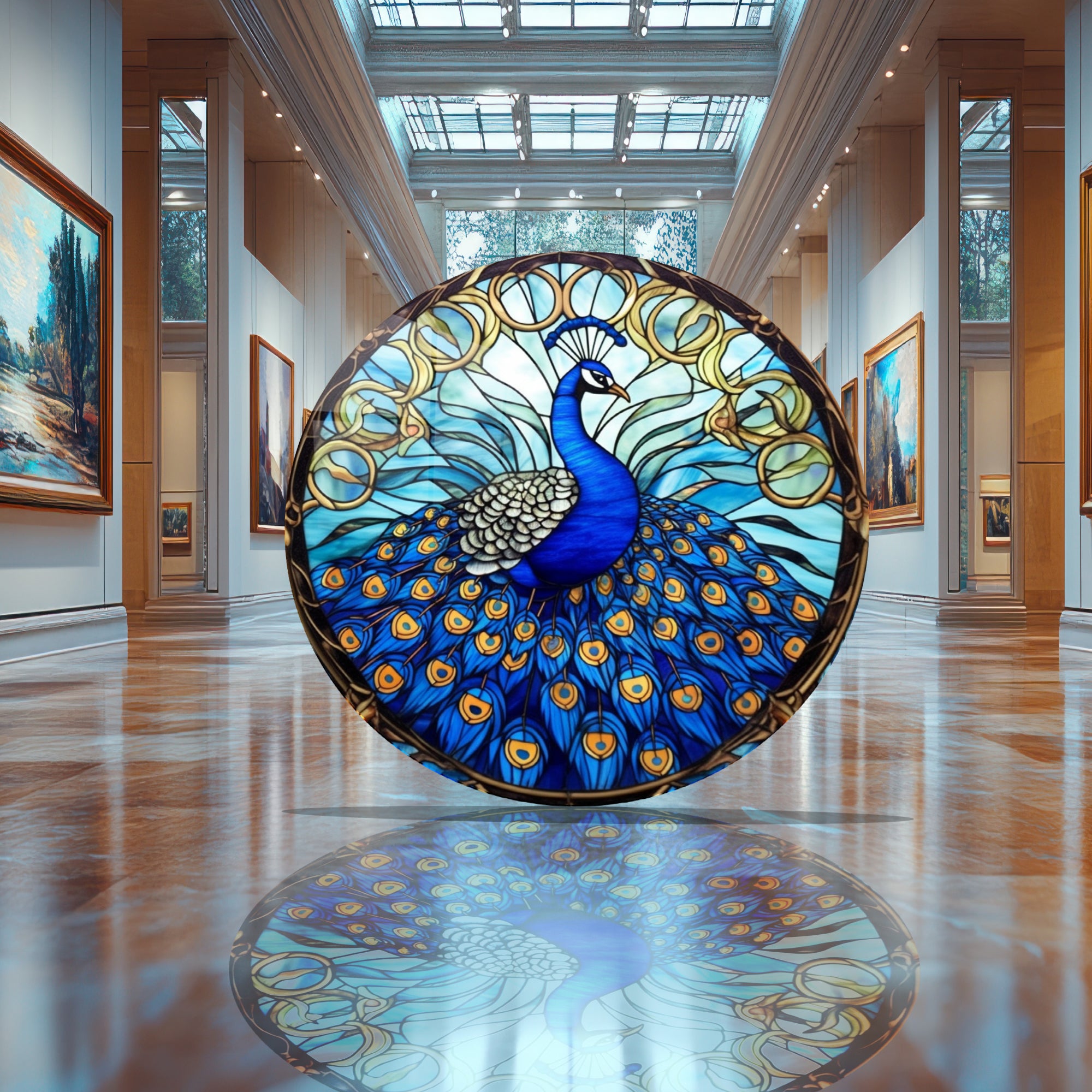 Temperli Cam Duvar Tablo Tavuzkuşu 70x70 cm Vitray Desen