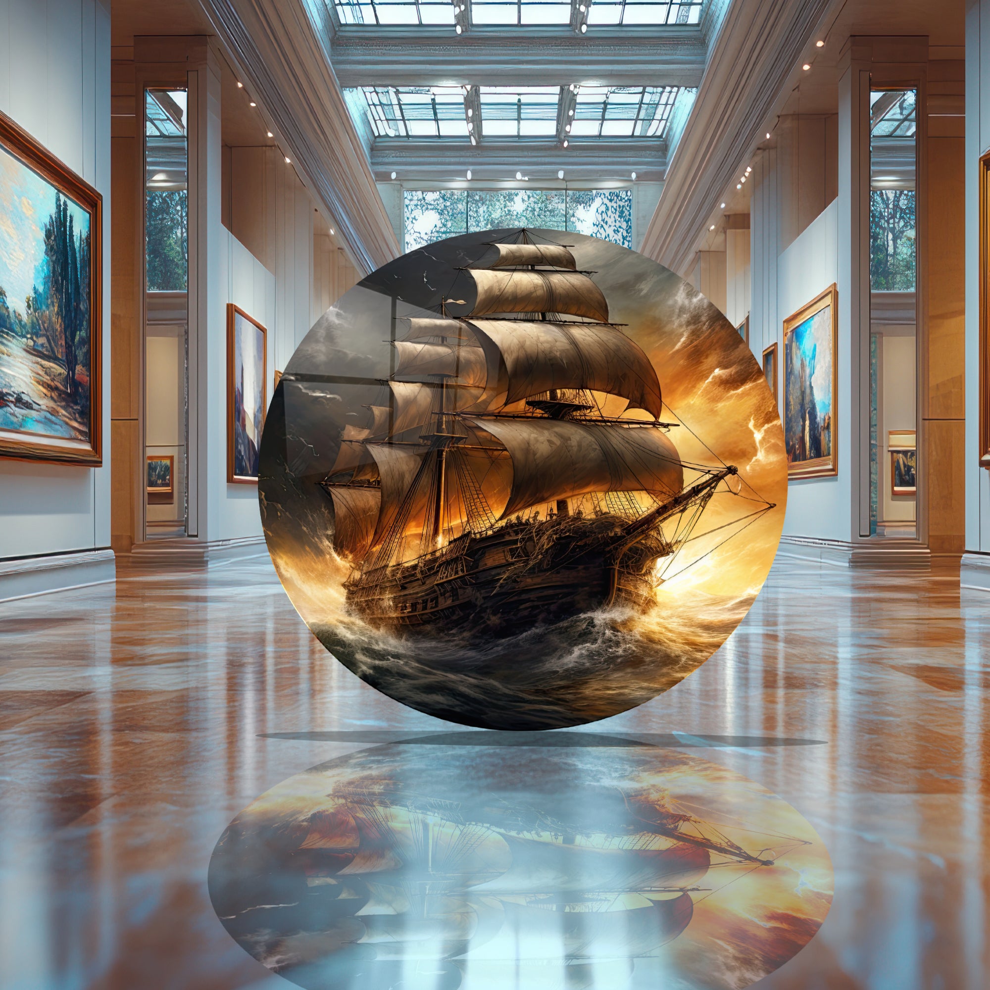 Temperli Cam Duvar Tablo Yelkenli Gemi 70x70 cm