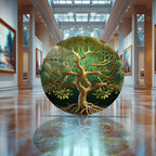 Temperli Cam Duvar Tablo Hayat Ağacı  70x70 cm Altın Yeşil