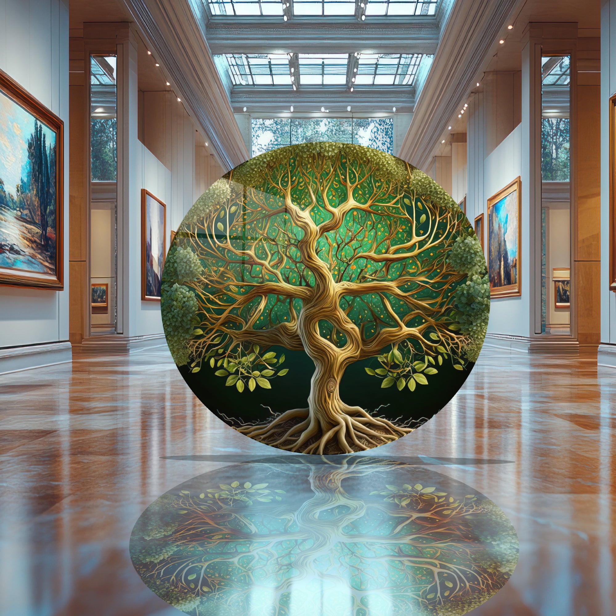 Temperli Cam Duvar Tablo Hayat Ağacı  70x70 cm Altın Yeşil