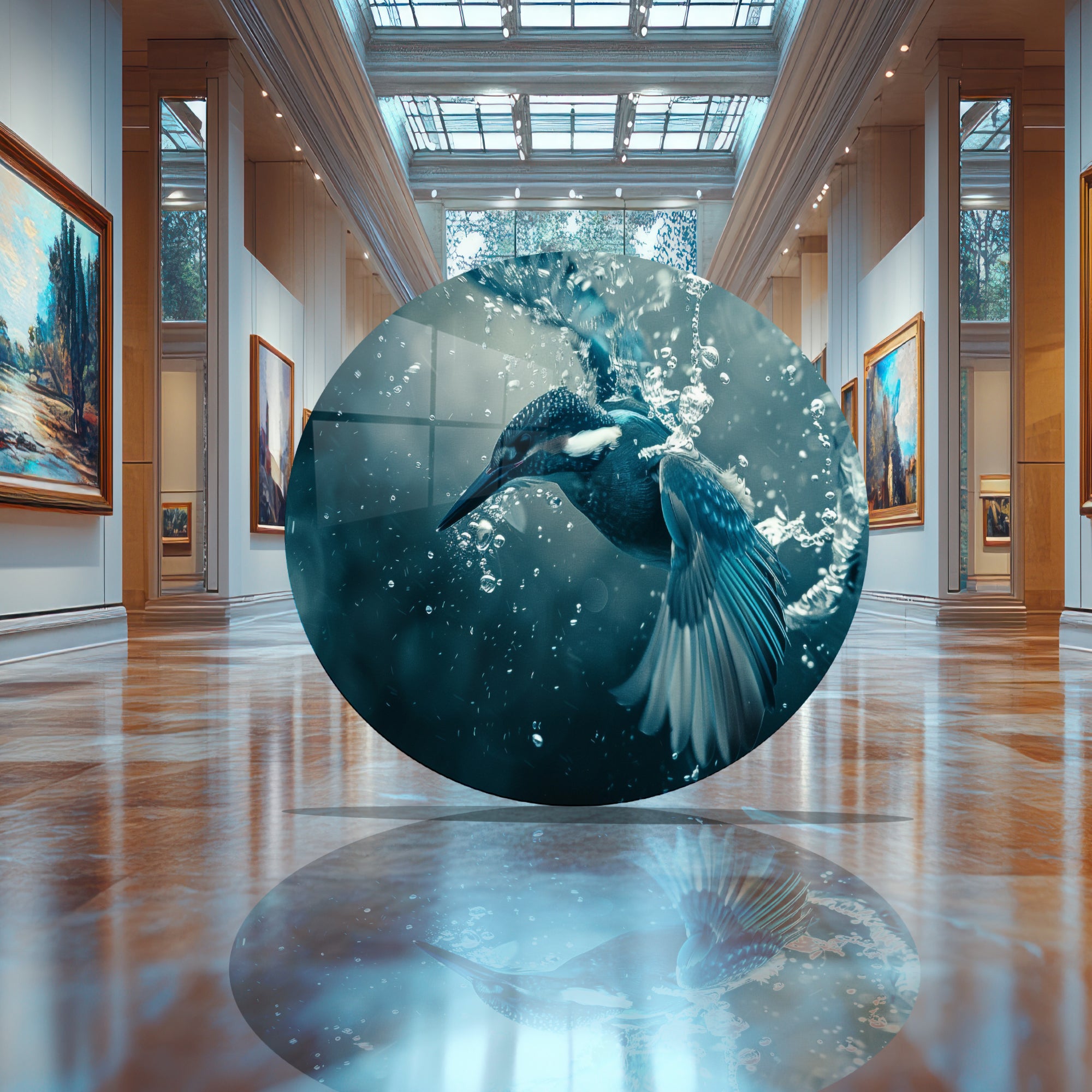 Temperli Cam Duvar Tablo Balıkcıl Kuş  70x70 cm