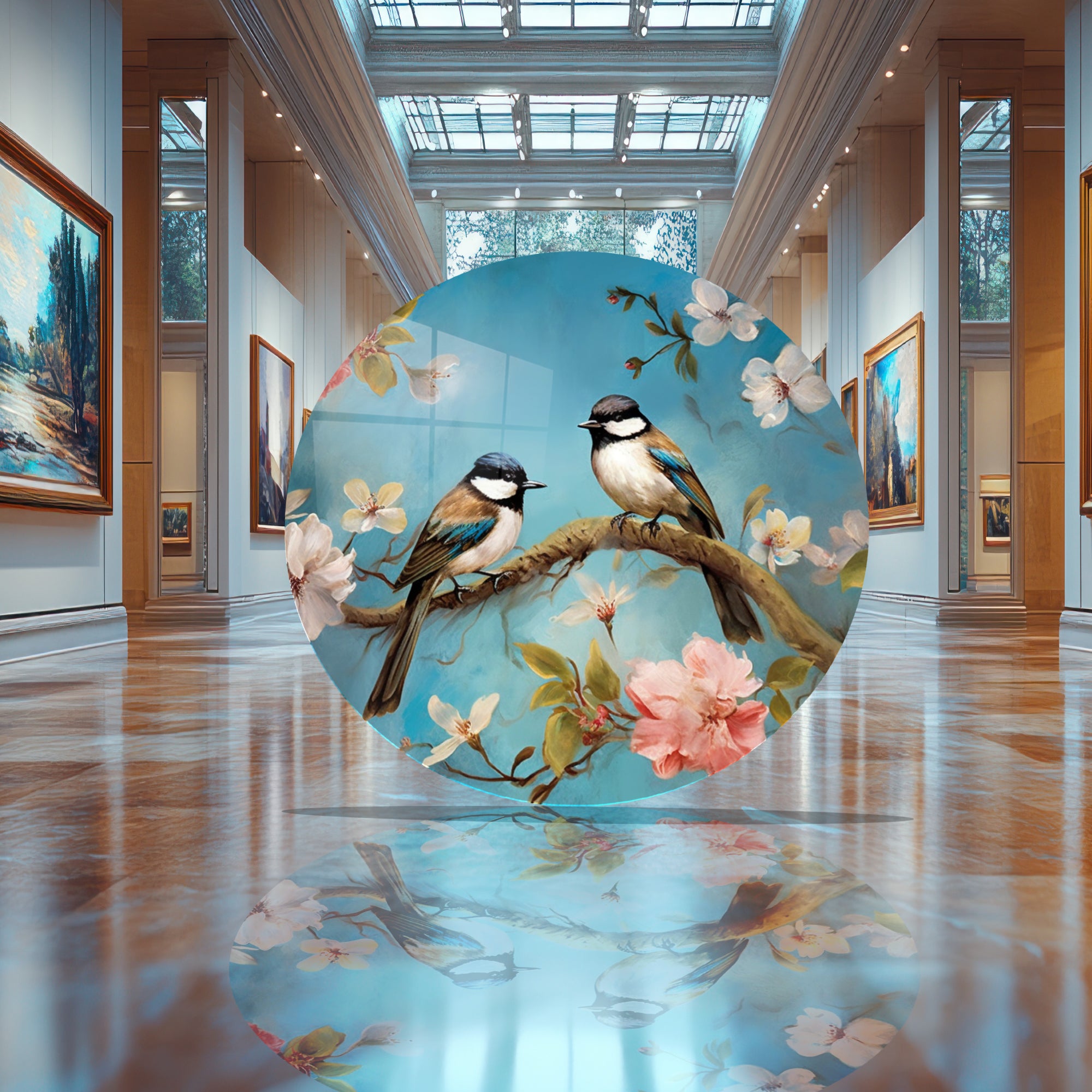 Temperli Cam Duvar Tablo Renkli Kuşlar 70x70 cm