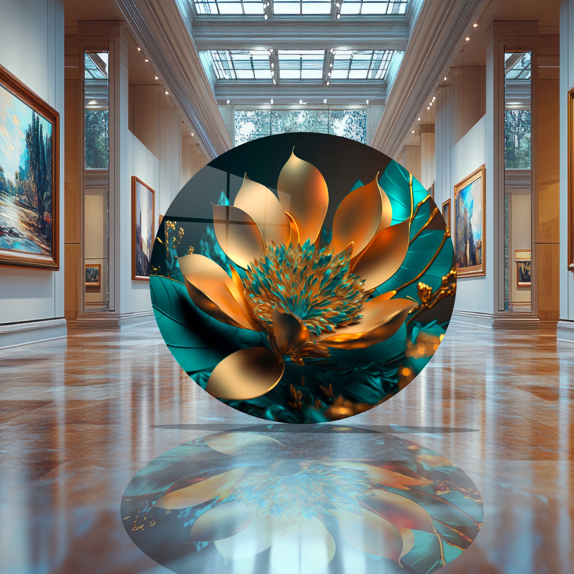 Temperli Cam Duvar Tablo Renkli Altın Lotus  70x70 cm Soyut