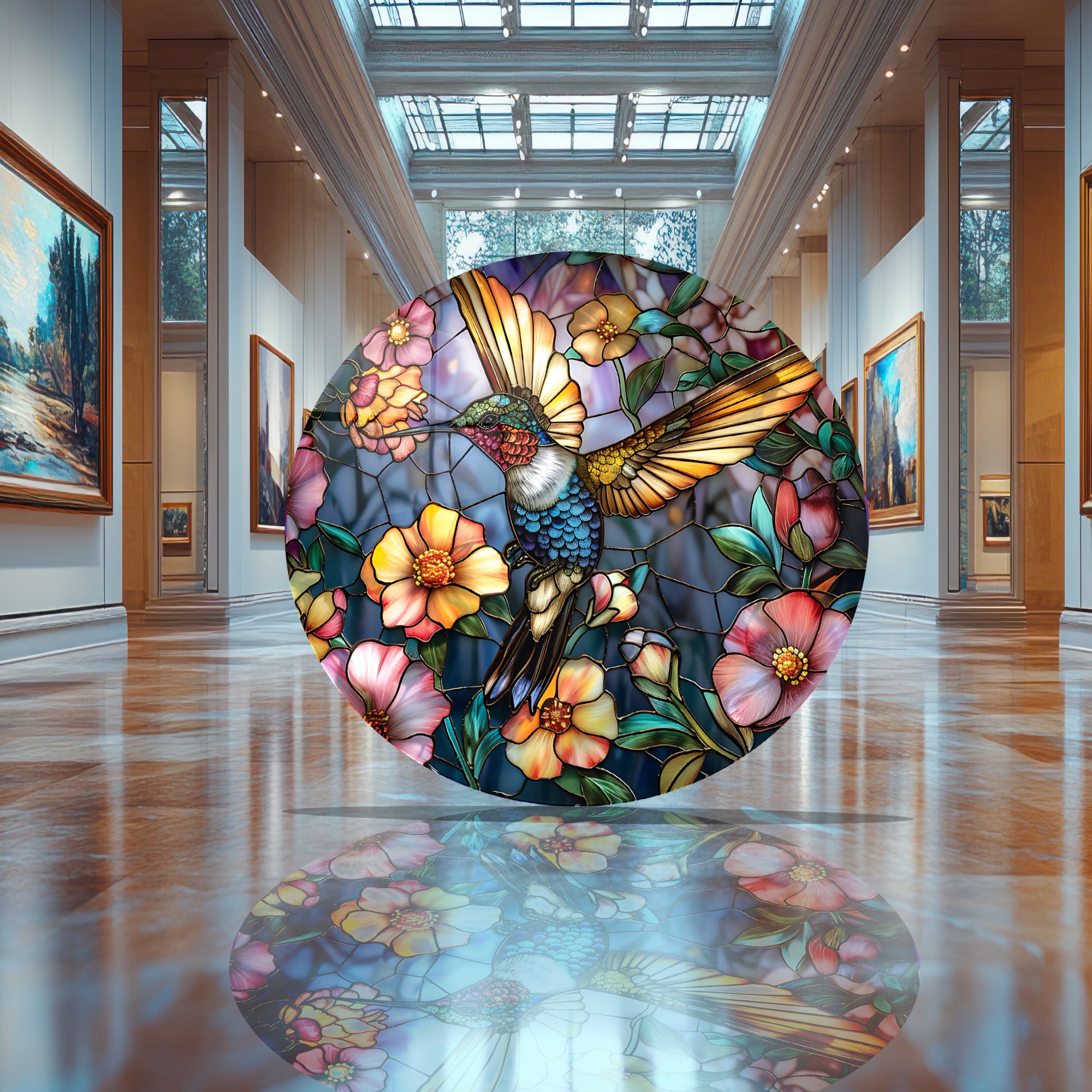 Temperli Cam Duvar Tablo Renkli Arıkuşu  70x70 cm Vitray Desenli