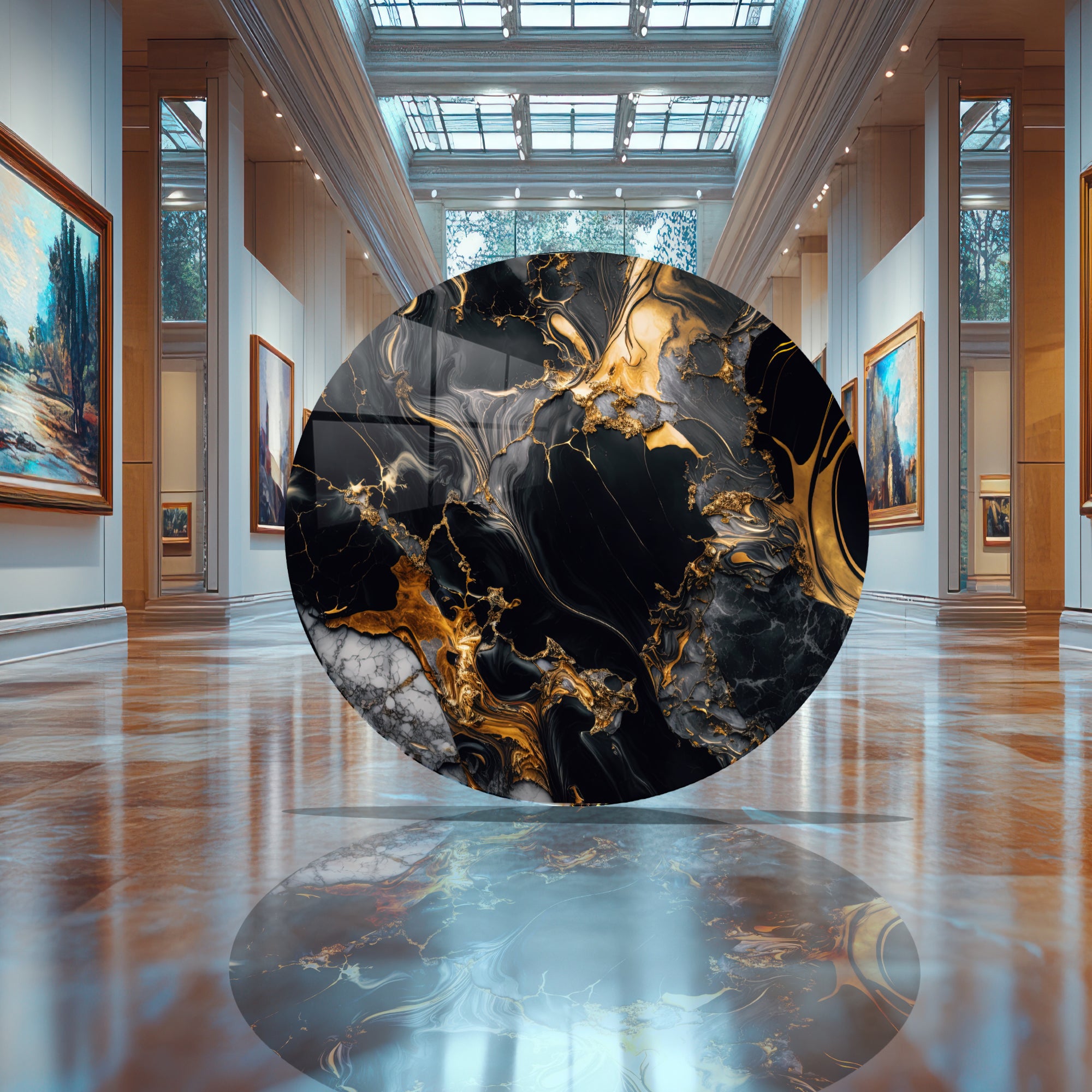 Temperli Cam Duvar Tablo Siyah Altın Mermer  70x70 cm