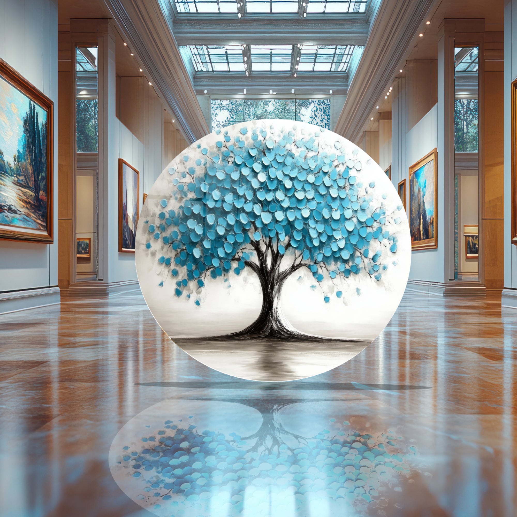 Temperli Cam Duvar Tablo Hayat Ağacı  70x70 cm (Mavi Yapraklı)