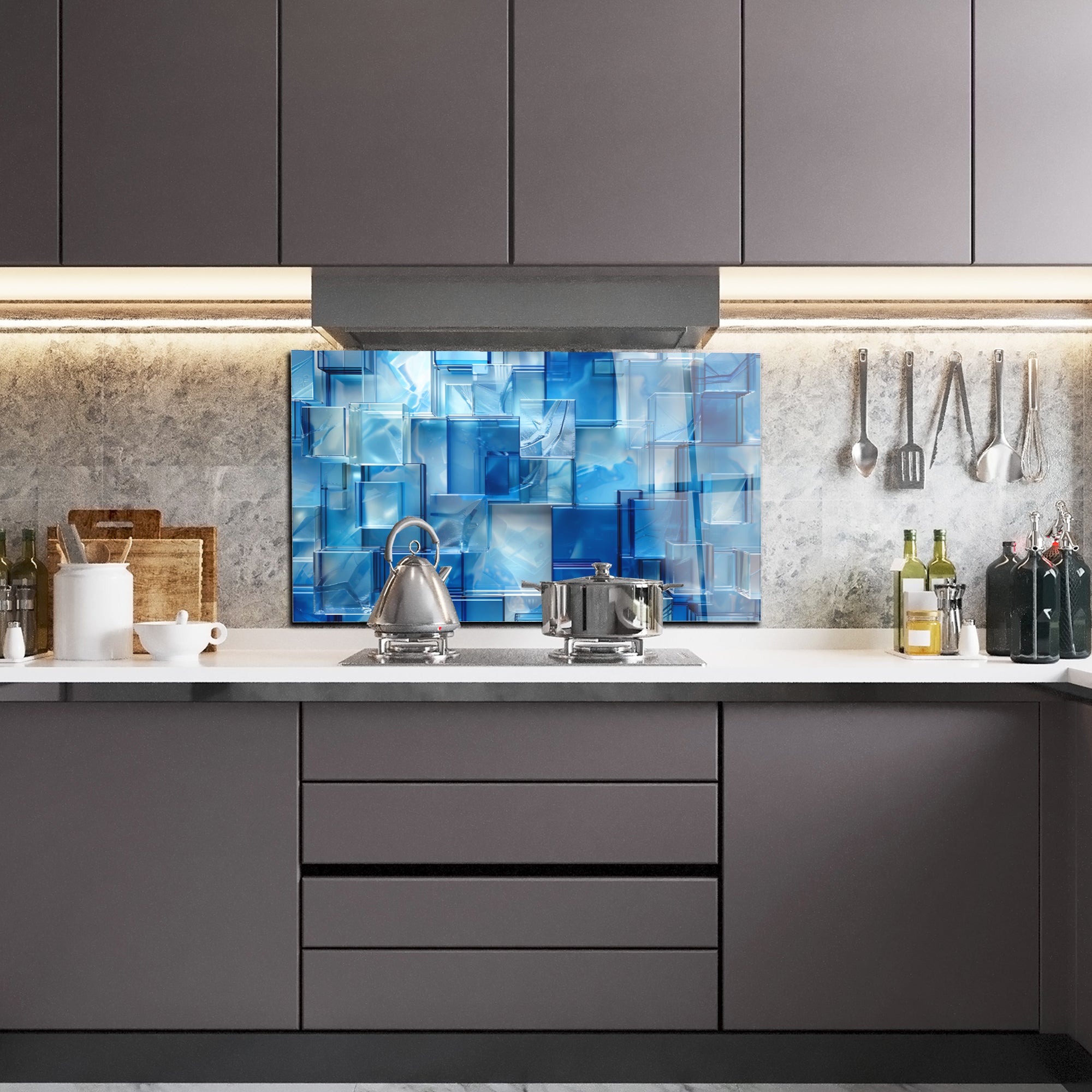 Kare Mavi Camlar Temalı Vitray Görünümlü Temperli Cam Tablo – Renkli Doğa Duvar Dekoru