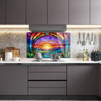 Günbatı Temalı Vitray Görünümlü Temperli Cam Tablo – Renkli Doğa Duvar Dekoru