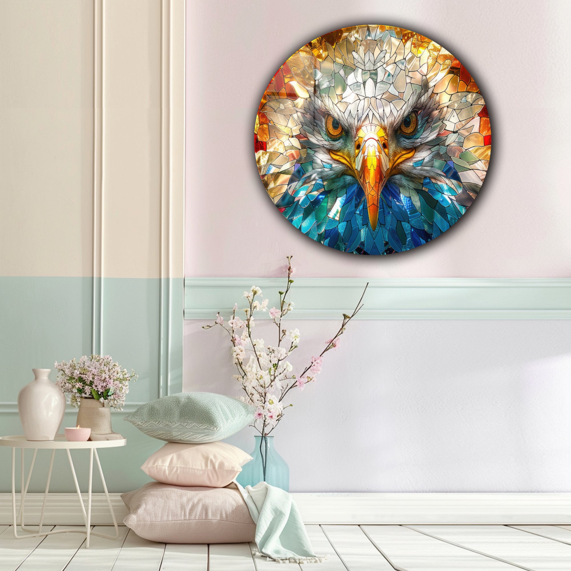 Temperli Cam Duvar Tablo Kartal  70x70 cm Vitray Desen