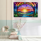 Günbatı Temalı Vitray Görünümlü Temperli Cam Tablo – Renkli Doğa Duvar Dekoru