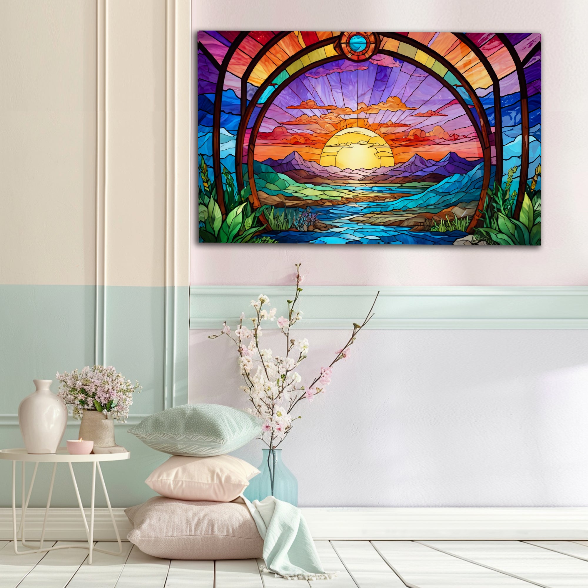 Günbatı Temalı Vitray Görünümlü Temperli Cam Tablo – Renkli Doğa Duvar Dekoru