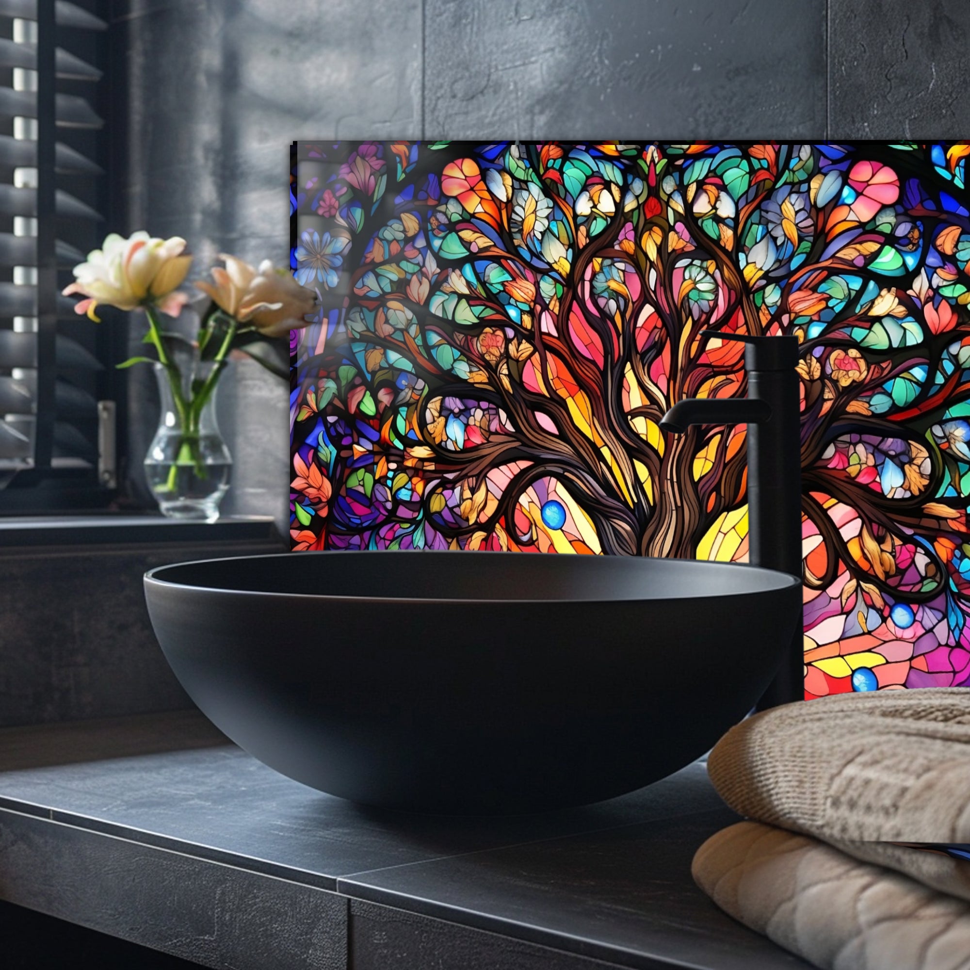 Renkli Ocak Arkası Temperli Cam Panel – Modern Mutfak Backsplash Dekoru