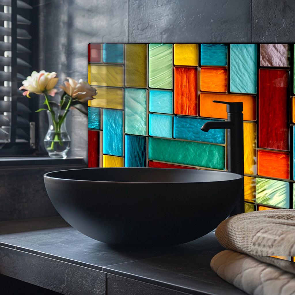 Renkli Vitray Desenli Ocak Arkası Temperli Cam Panel – Modern Mutfak Backsplash Dekoru