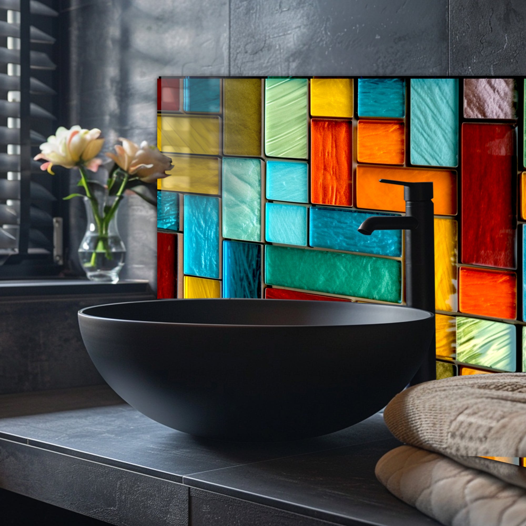 Renkli Vitray Desenli Ocak Arkası Temperli Cam Panel – Modern Mutfak Backsplash Dekoru