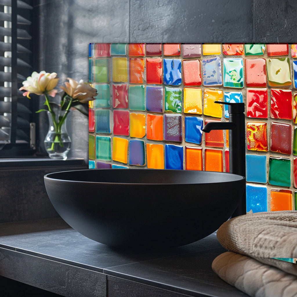 Renkli Ocak Arkası Temperli Cam Panel – Modern Mutfak Backsplash Dekoru