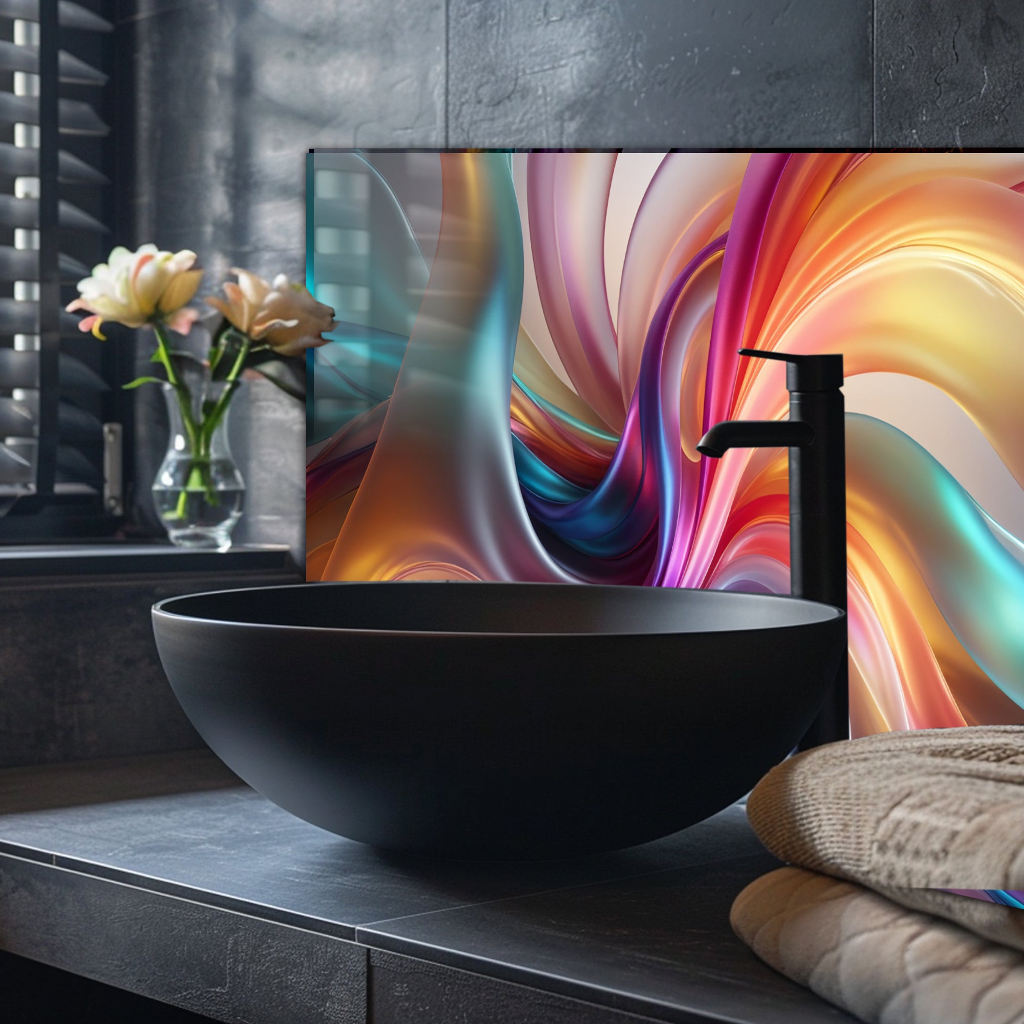 Renkli Ocak Arkası Temperli Cam Panel – Modern Mutfak Backsplash Dekoru