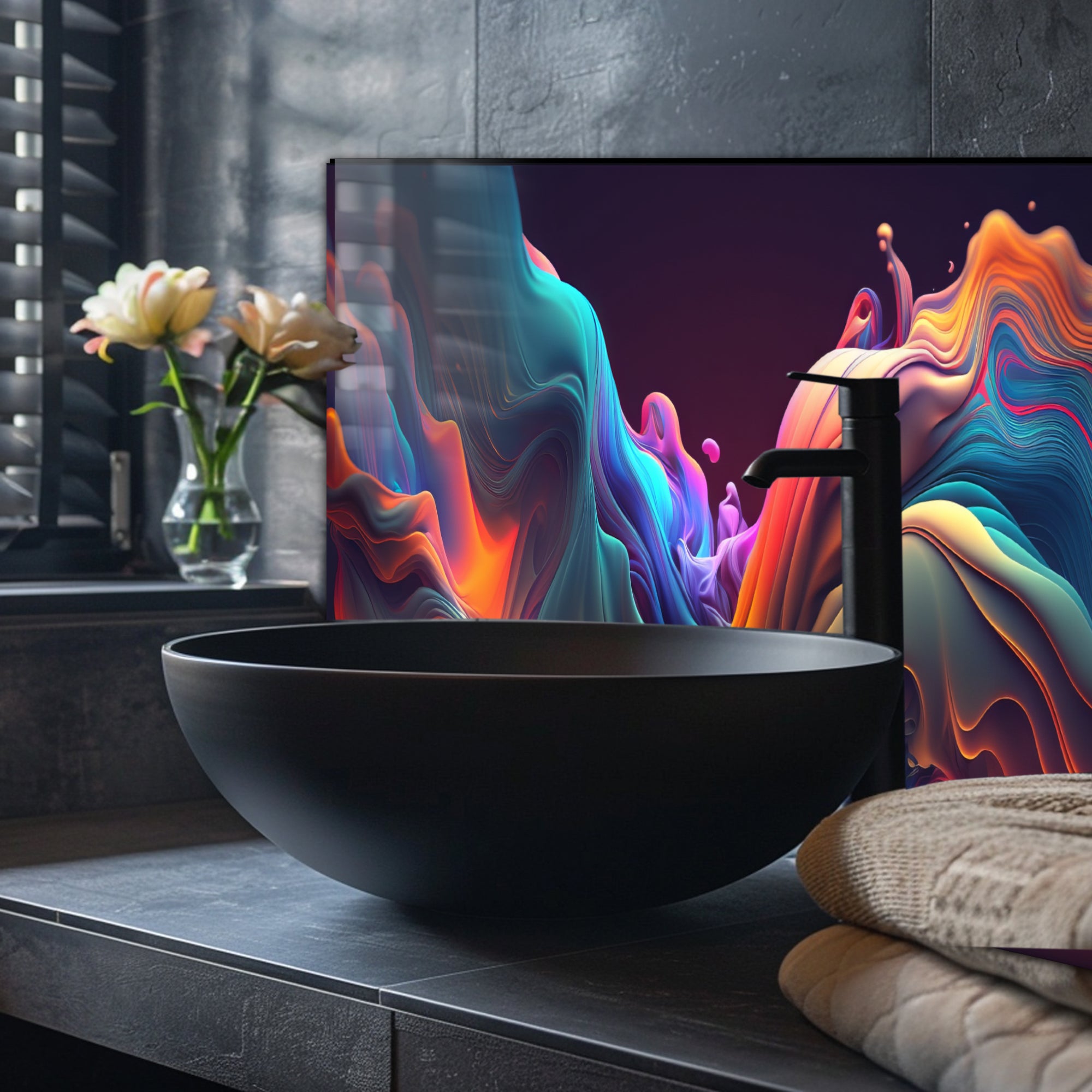 Renkli Ocak Arkası Temperli Cam Panel – Modern Mutfak Backsplash Dekoru